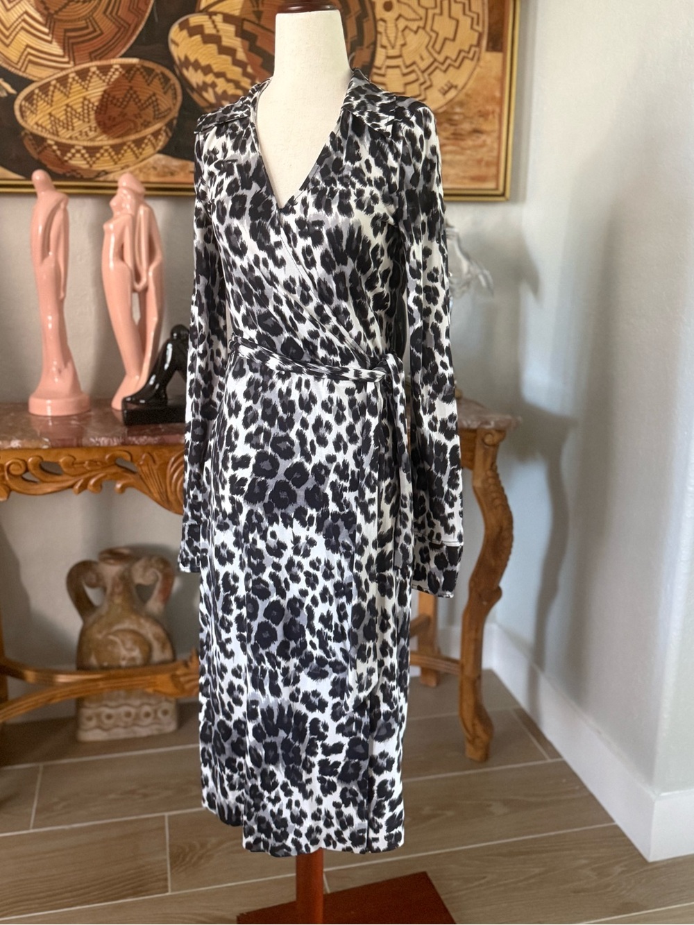 Diane Von Furstenberg Black and White Leopard-Print Midi Wrap Dress